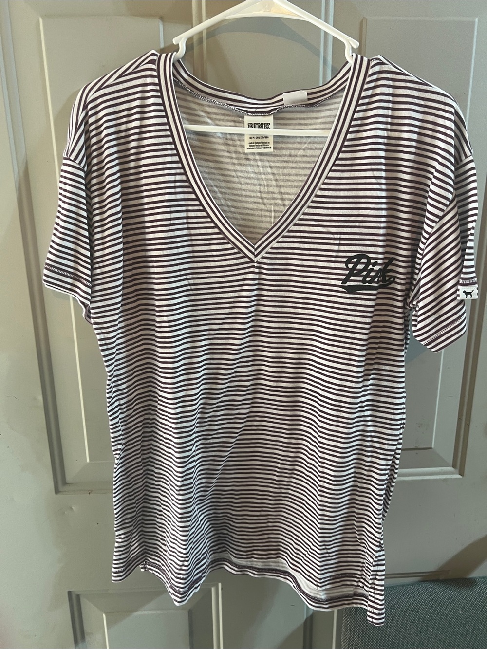 PINK Victoria's Secret White and Black Striped V-Neck Tee burgundy and white
